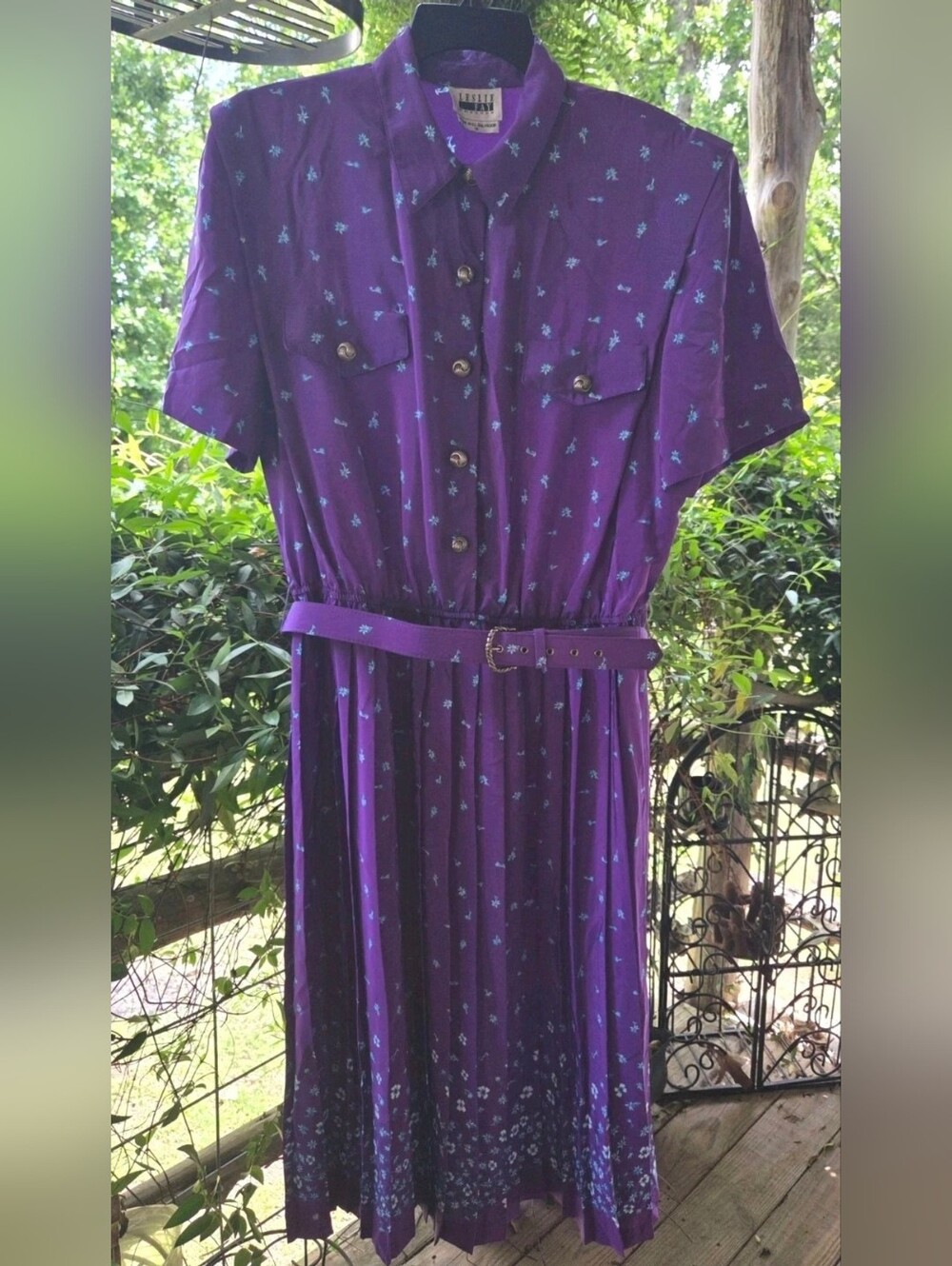 Vintage Leslie Fay Dress With Belt Womens Size 18 Purple Floral Pleated